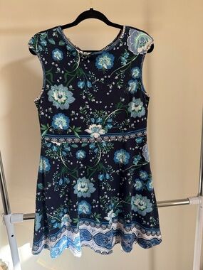 New York & Company Navy Floral Fit-and-Flare Dress with Blue & Green Blooms